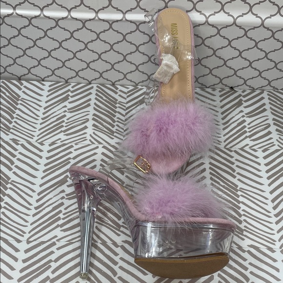 Miss Lola Lavender Fluffy Heels with Clear Accents - Picture 1 of 11